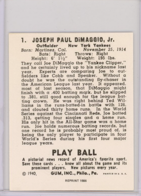 Joe DiMaggio 1986 1940 Play Ball Reprint #1 - Good Condition!