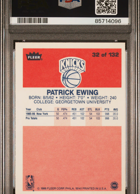 1986 Fleer Patrick Ewing #32 PSA 9 - Rookie Card!